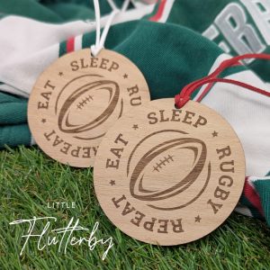 Eat, sleep, rugby, repeat - Oak veneer hanging decoration / tag