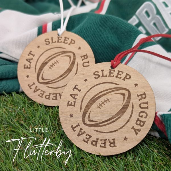 Eat, sleep, rugby, repeat - Oak veneer hanging decoration / tag